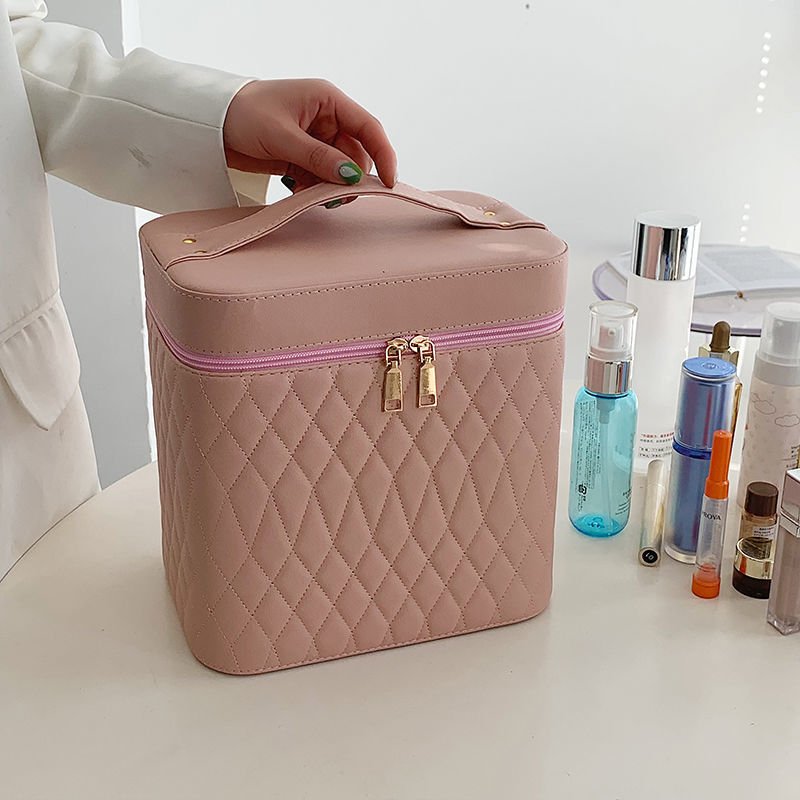 Portable Cosmetic Bag With Mirror Design Fashion Rhombus-Embroidery Double-layer Suitcase Large Capacity Make-up Storage Bags For Women – Image 5