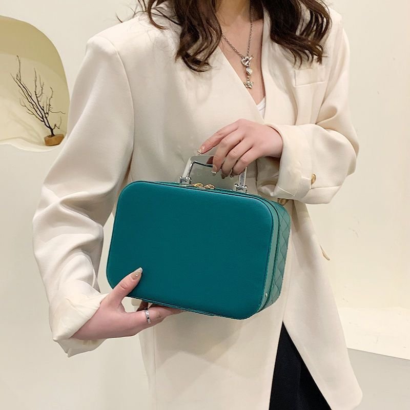 Portable Cosmetic Bag With Mirror Design Fashion Rhombus-Embroidery Double-layer Suitcase Large Capacity Make-up Storage Bags For Women – Image 3